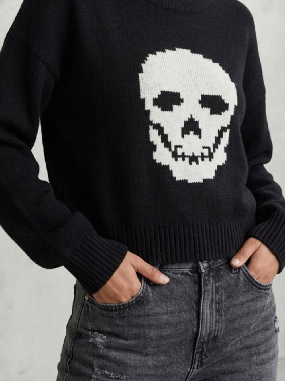 No Boundaries Black Pixel Skull Oversized Knit Crewneck Jumper Sweater XXS